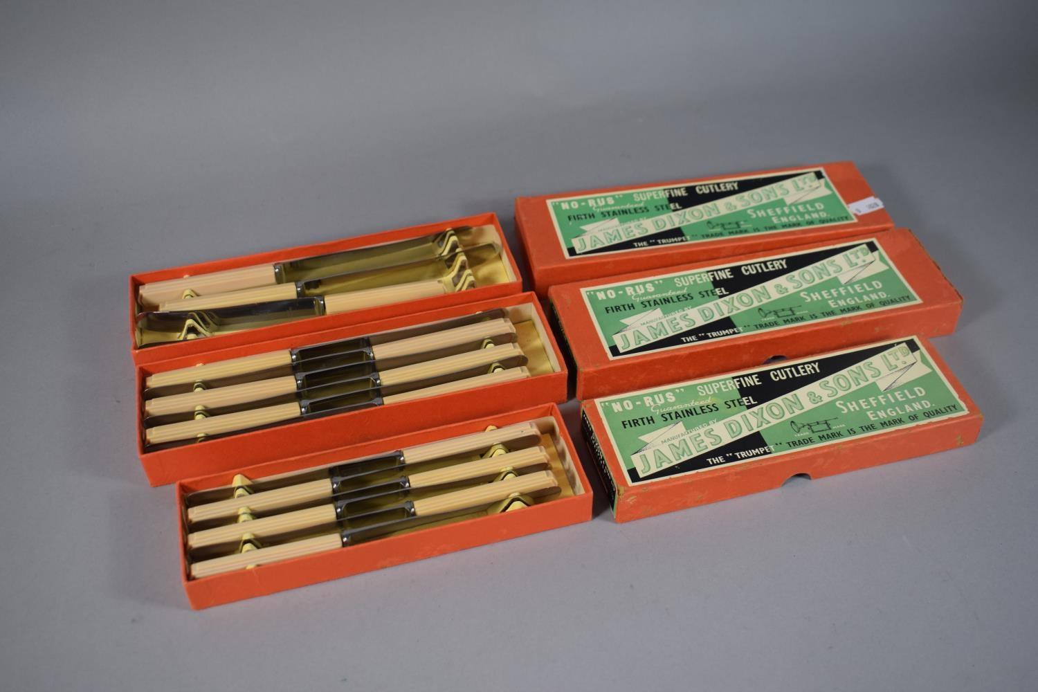 A Collection of Sixteen James Dixon Art Deco Table and Dessert Knives with Three Boxes