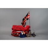 A Collection of Two Silk Union Jacks, a Car Mounting Union Jack, Two Printed Union Jacks, An