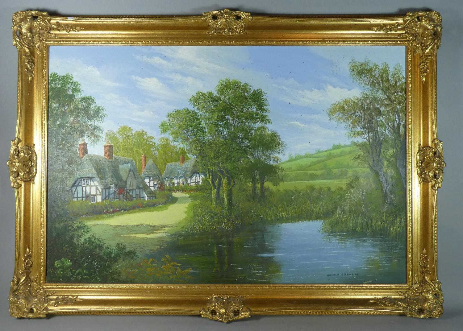 A Large Gilt Framed Oil on Canvas by Malcolm Gearing 1979 Depicting Half Timbered Cottages Bedside