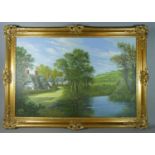 A Large Gilt Framed Oil on Canvas by Malcolm Gearing 1979 Depicting Half Timbered Cottages Bedside