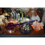 A Collection of Continental Glassware to Include Two Fish, Two Handkerchief Vases, Carnival Glass,