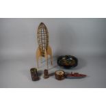 A Collection of Treen to Include Retro Rocket, Carved Owl, Wooden Boot with Brass Liner, Painted