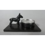 A Small Ebonised Metal Desk Top Dish or Ashtray with Cold Painted Dog Finial, 11.5cm Long