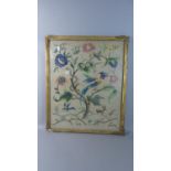 A Gilt Framed 19th Century Silk Embroidery of Exotic Bird and Snake in Tree, 54cm x 44cm