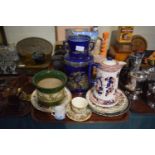 A Tray of Ceramics to Include Cobalt Blue and Gilt Vase, Hot Water Jug and Stand, Decorated