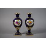 A Pair of Small Meissen Vases in Cobalt Blue with Gilt Highlights and Floral Spray Hand Painted