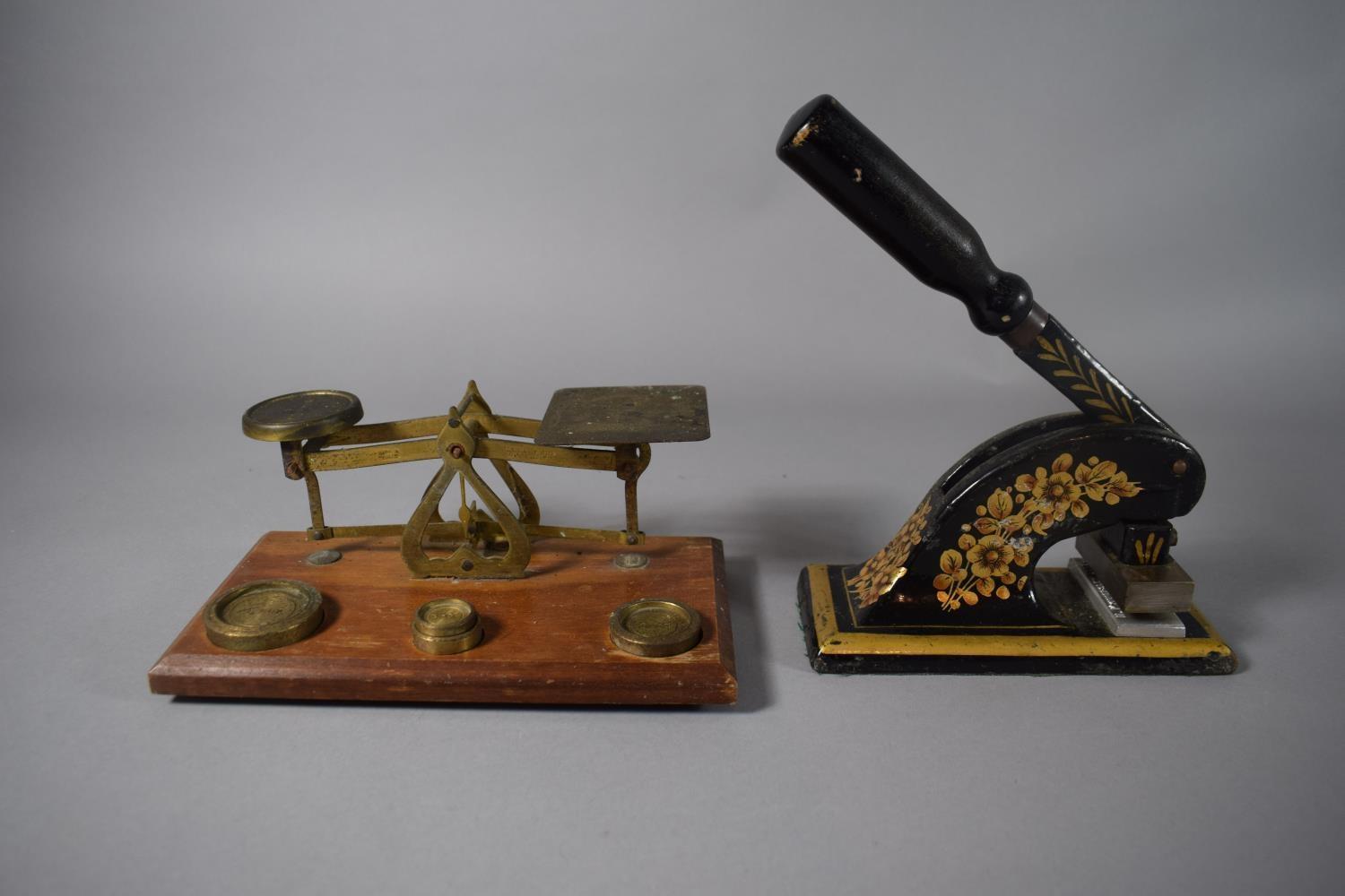 A Set of Early 20th Century Desk Brass Postage Scales Set on Wooden Rectangular Base, 21cm Wide