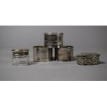A Silver Topped Glass Pot, Silver Hinged Box and Three Silver Plated Presentation Napkin Rings 'To