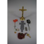 A Collection of Christian Religious Items to Include Lead Cross with Latin Inscription, Crucifix,
