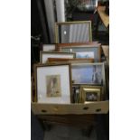 A Box of Various Pictures, Prints and a Gilt Framed Mirror.