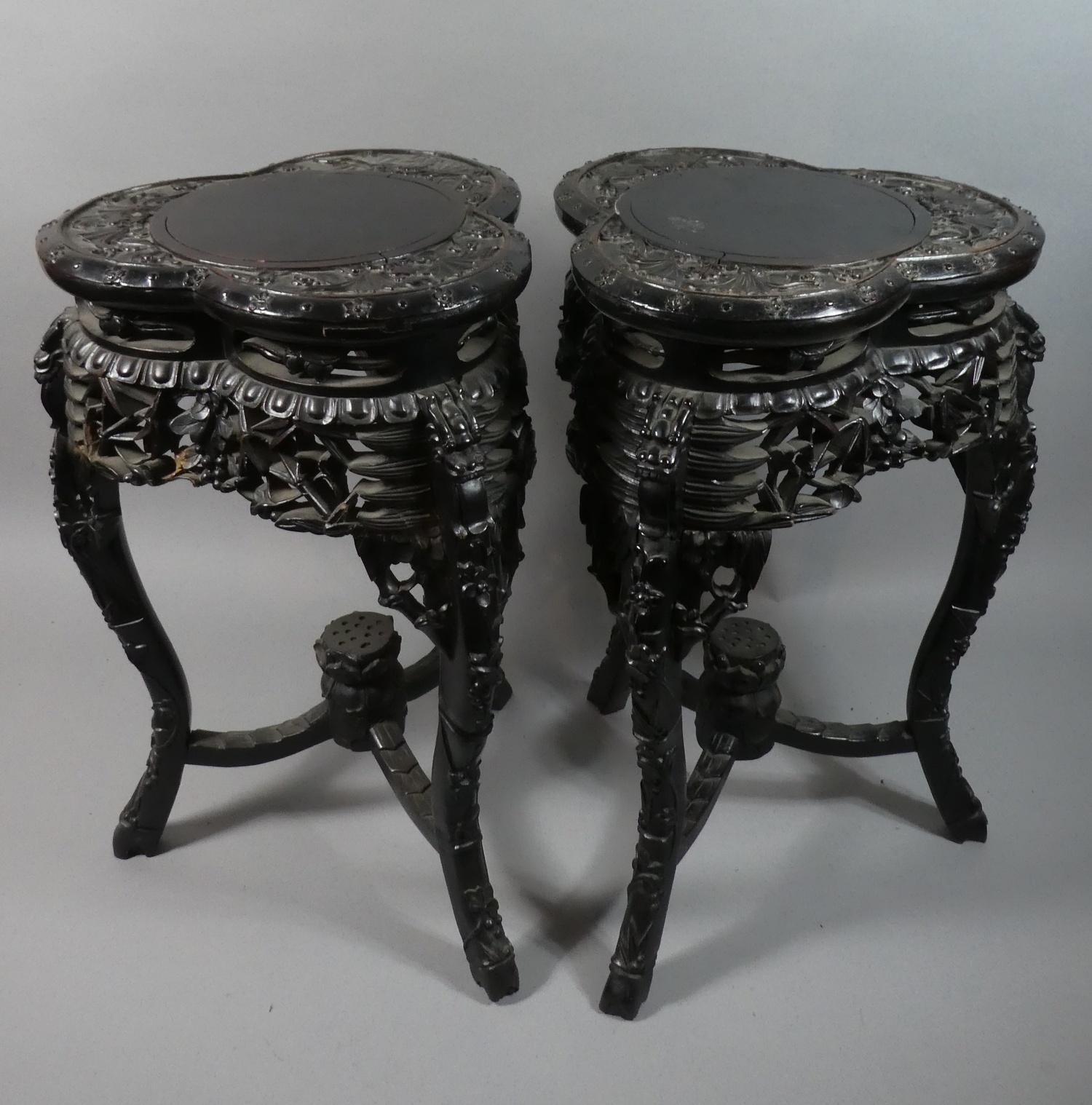 A Pair of Chinese Hardwood Vase Stands of Tri-form Shape with Carved, Pierced and Moulded - Image 5 of 5