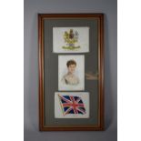 A Framed and Mounted Collection of Three WW1 Silks - Royal Artillery, Queen Mary and Union Jack.