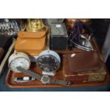 A Tray of Curios to Include Travel Irons, Alarm Clock, Wristwatch, Penknife, Shoe Cleaning Set etc.