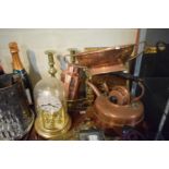 A Tray of Copper and Brasswares to Include Wall Hanging, Pistol Ornaments, Copper Kettle, Tea Caddy,