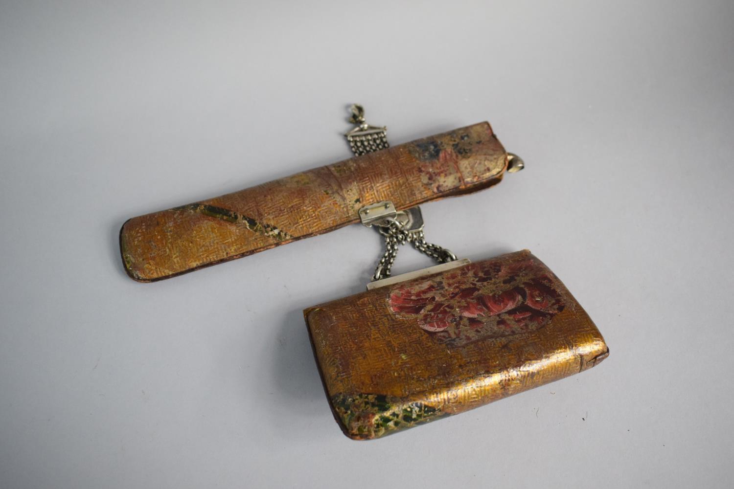 A Meiji Period Japanese Kiseru and Tooled and Gilded Leather Tobacco Pouch with White Metal Temple - Image 3 of 3