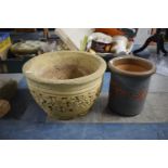 A Circular Stoneware Planter and A Smaller Glazed Example.