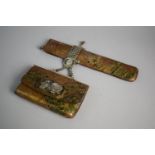 A Meiji Period Japanese Kiseru and Tooled and Gilded Leather Tobacco Pouch with White Metal Temple