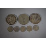 A Victorian 1889 Crown, A 1953 Five Shilling Piece, A 1960 Crown and Five Sixpences.