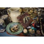 A Tray of Sundries to Include Stone Ashtray, Stoneware Jug, Horse Ornaments, Diecast Toys, Costume