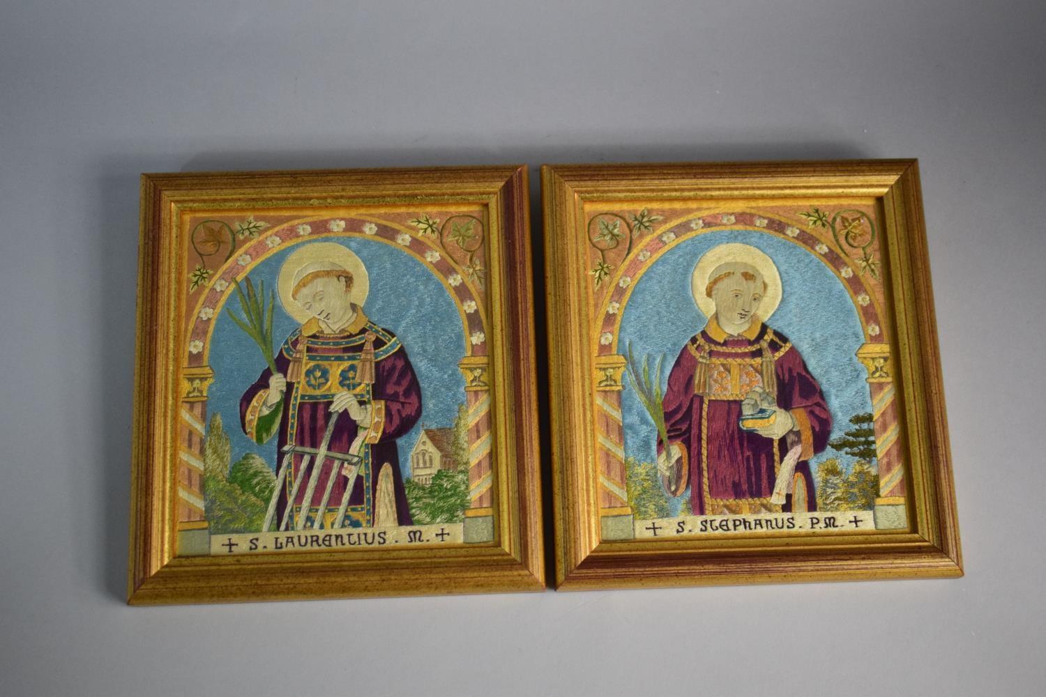 A Pair of Framed Silk Embroideries of St Stephanus and St Laurentius. Each 20x17.5cms High - Image 2 of 2