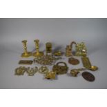 A Tray of Brasswares to Include Kettle Stand, Candlesticks, Door Stop, Squirrel Ornament etc.