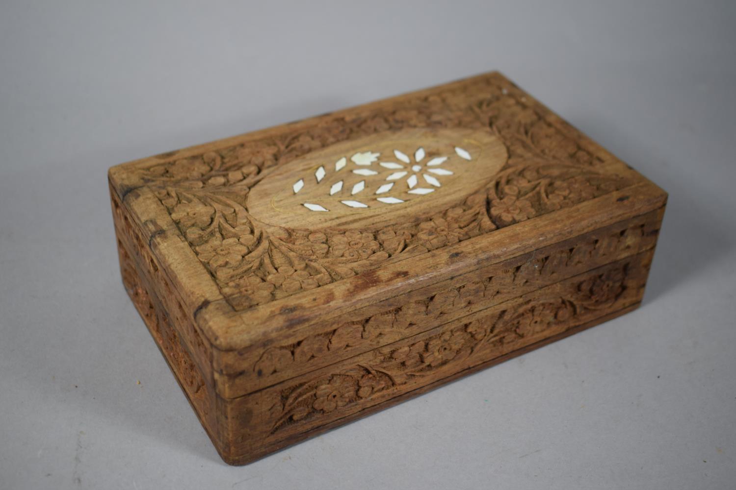 A Hardwood Indian Box with Carved & Inlaid Decoration, 20cm Wide.