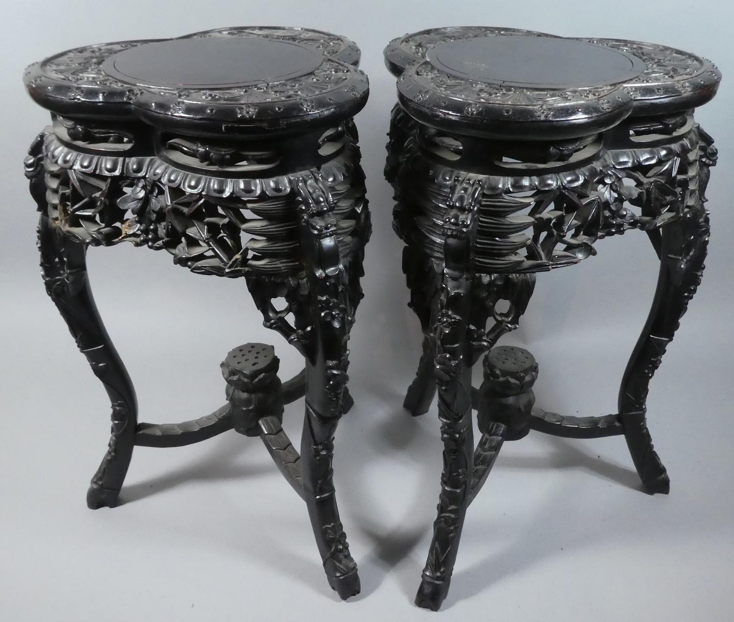 A Pair of Chinese Hardwood Vase Stands of Tri-form Shape with Carved, Pierced and Moulded