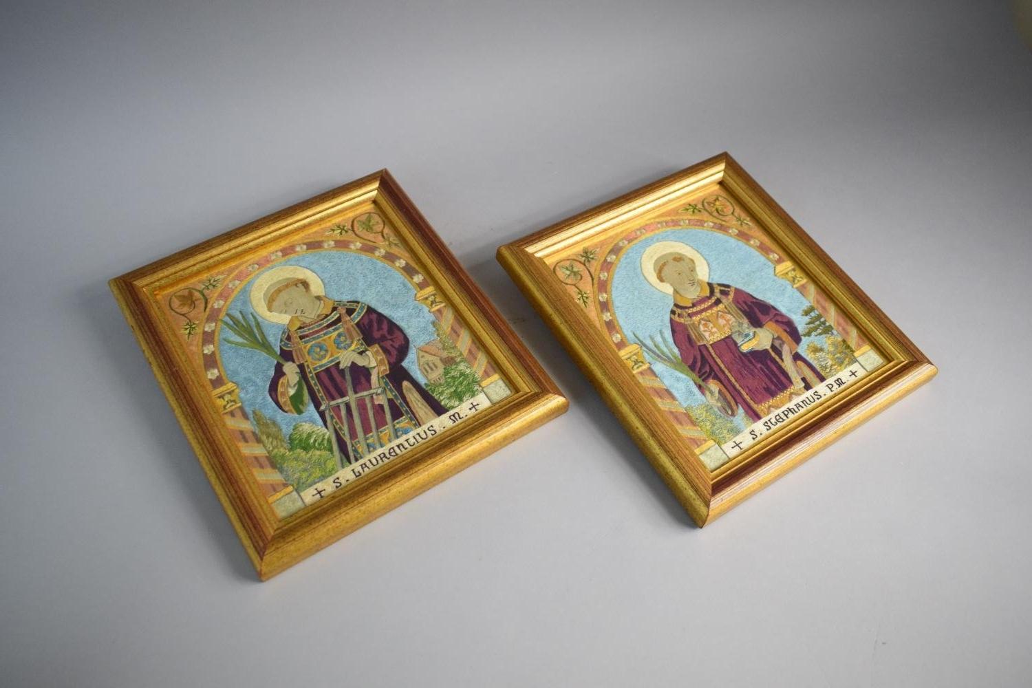 A Pair of Framed Silk Embroideries of St Stephanus and St Laurentius. Each 20x17.5cms High