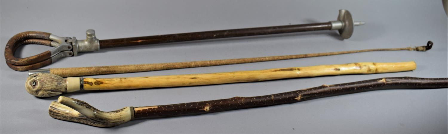 Two Walking Sticks, One with Bone Handle and Other with Owl Together with a White Metal Mounted Crop - Image 2 of 2