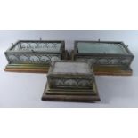 A Set of Three Brass and Glass Rectangular Light Fittings, Mounted on Wooden Plinths, 39 x 27cms
