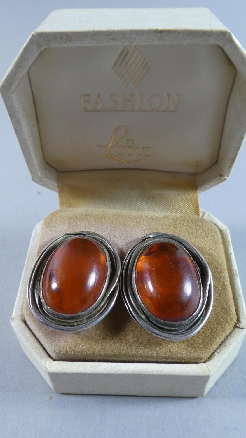 A Pair of Silver and Amber Clip-On Earrings, 3cms High