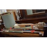 A Collection of Vintage Hockey Sticks, Golf Putters, Vintage Canvas Folding Bed, Loom Linen Box