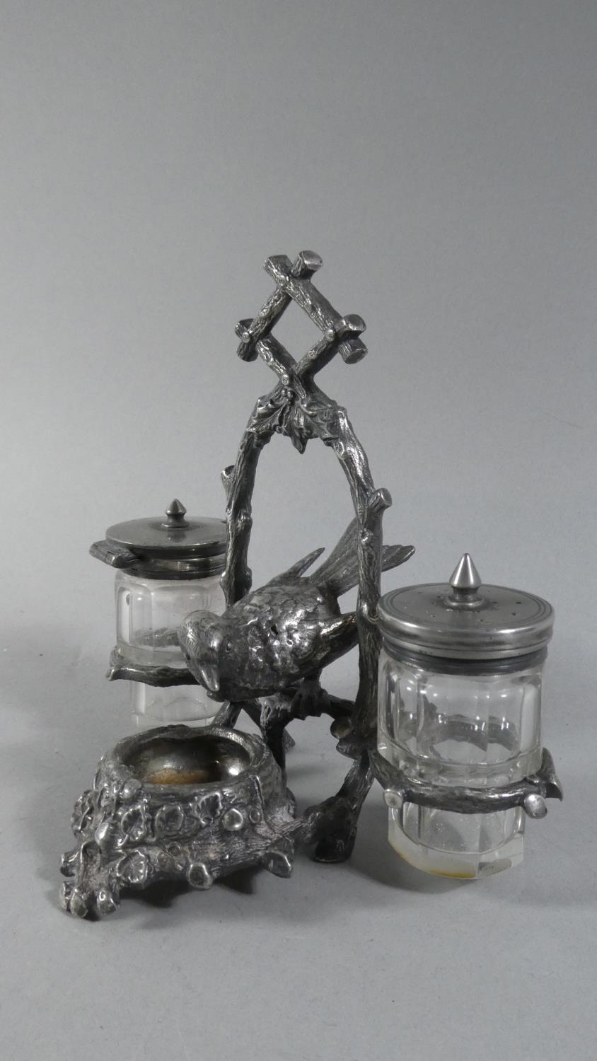 A Victorian Silver Plated Novelty Three Piece Cruet in the Form of Bird in Bower, 14cms High