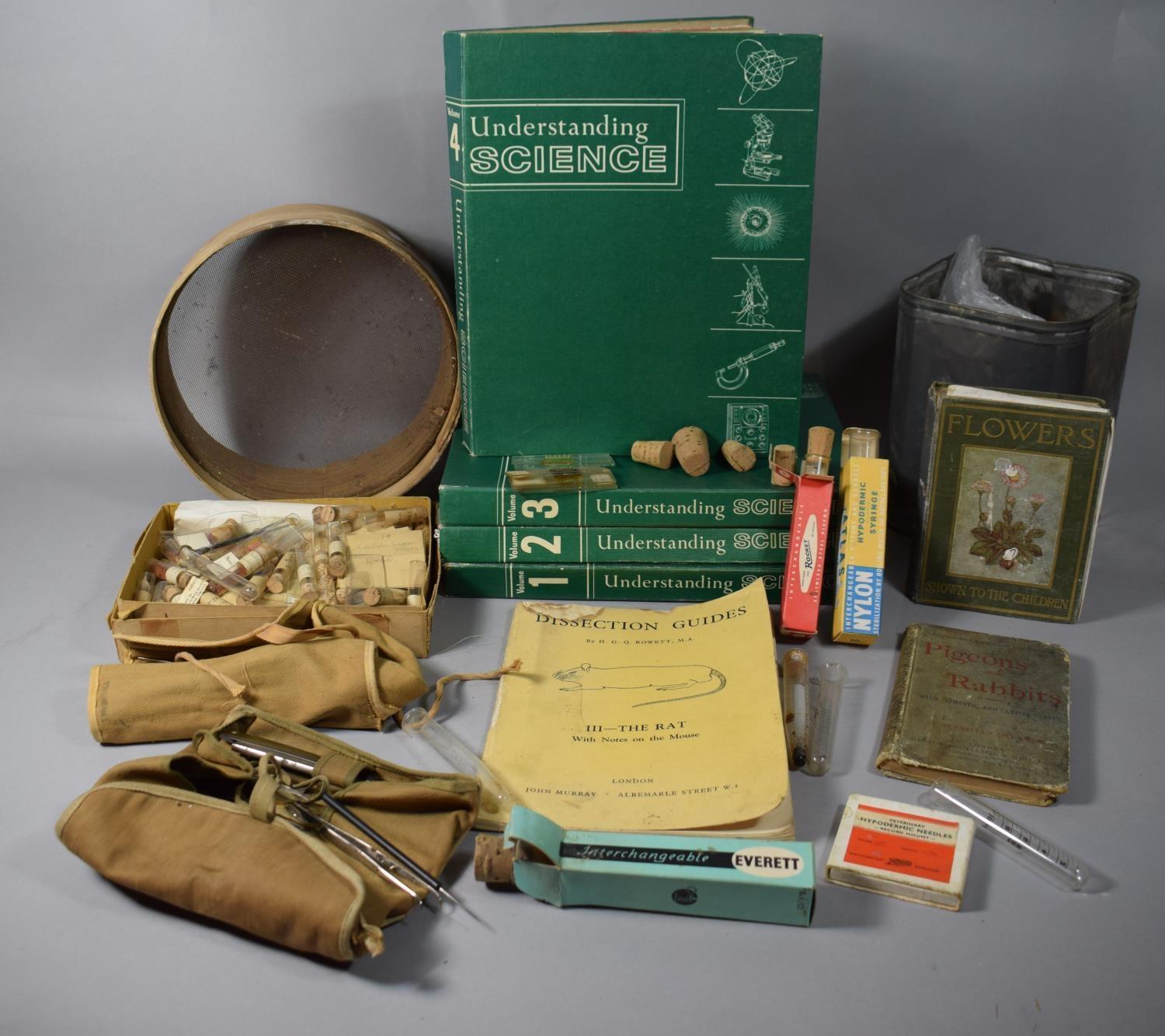 A Collection of Scientific Equipment, Books & Specimens to Include Test Tubes, Sieve, Corks,