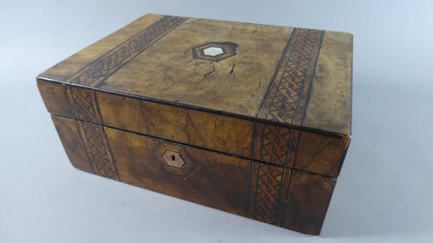 A Late Victorian Banded Inlaid Walnut Workbox for Restoration with Inner Tray, 30cms Wide