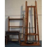 A Beam Balance (Incomplete) a Vintage Stool, an Open Shelf Unit and an Easel
