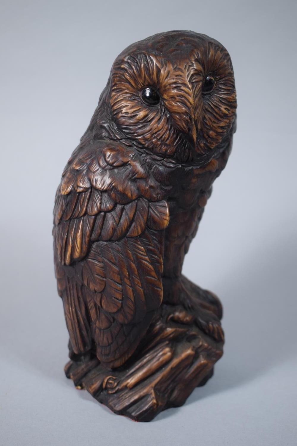 A Nicely Cast Resin Wood Effect Study of a Carved Owl, 22.4cms High