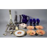 A Collection of Items to Include Blue Glass Claret Set, Continental Fruit Plates, Candle Sticks,