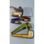 Two Vintage Pipes, Three Vintage Amber Cheroot Holders and a Mid 20th Century Cigarette Case