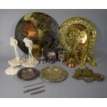 A Collection of Metalwares to Include Brass Candlesticks, Pressed Charger, Brass Ship Decorated Pipe