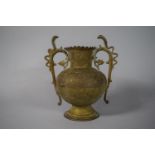 A Brass Two Handled Vase with Etched Decoration and Stylised Snake and Scrolled Handles, 19cm High