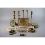 A Collection of Two Pairs of Brass Candlesticks & One Other, Together with Vintage Dressing Table