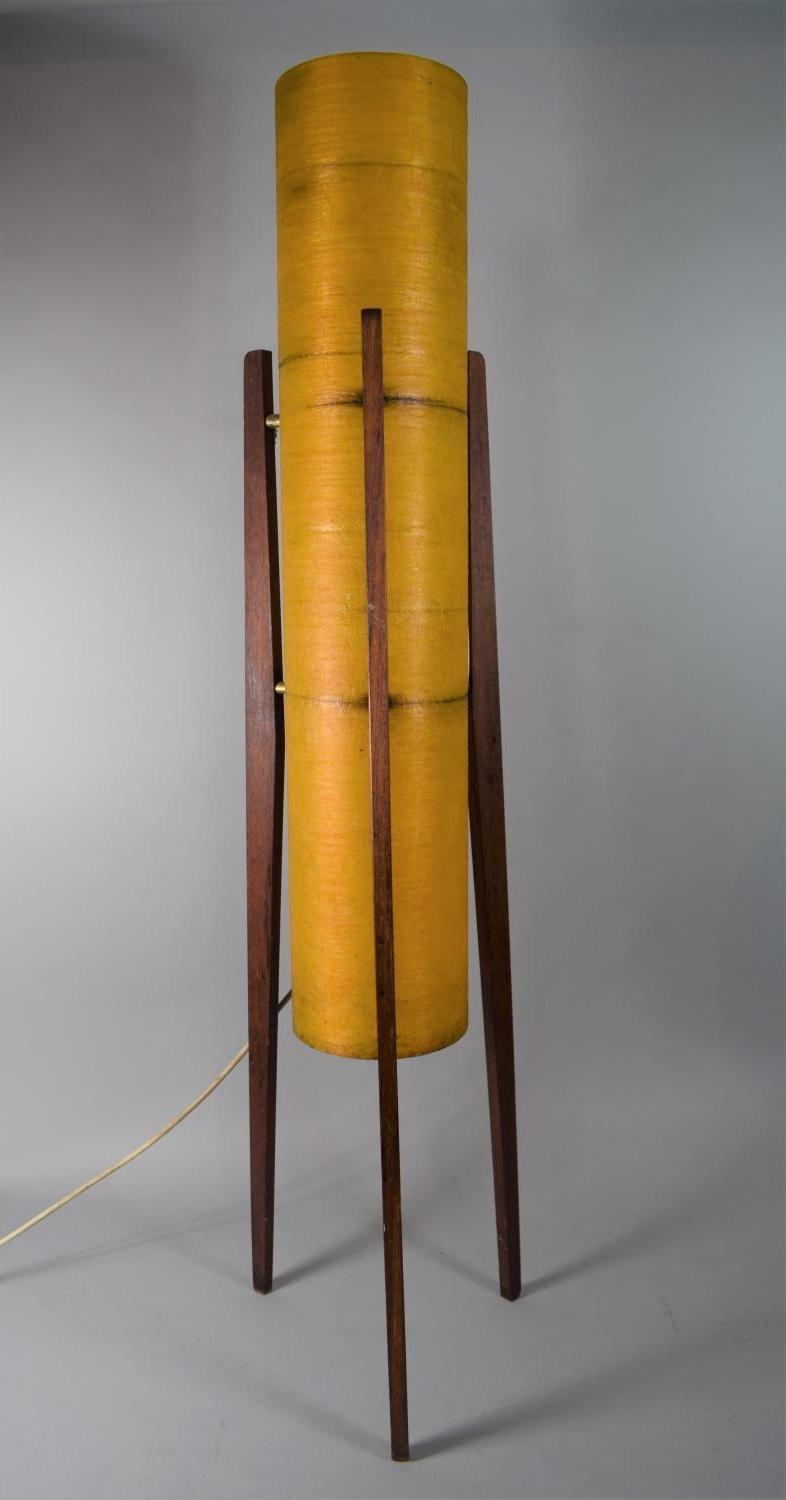 A 1970's Rocket Floor Lamp with Cylindrical Fibreglass Shade Raised on Teak Triform Stand, 112cms - Image 2 of 2