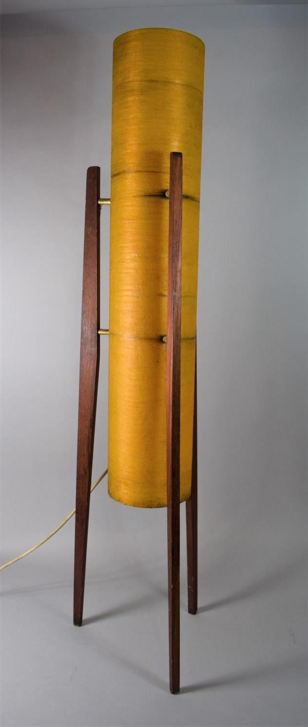 A 1970's Rocket Floor Lamp with Cylindrical Fibreglass Shade Raised on Teak Triform Stand, 112cms