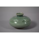 A Korean Celadon Crackle Glazed Vase of Circular Squat Form, Decorated with Cranes and Clouds,