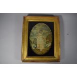 A Gilt Framed 18th Century Gilt Stumpwork Depicting Young Maiden in Park with Posy of Flowers,