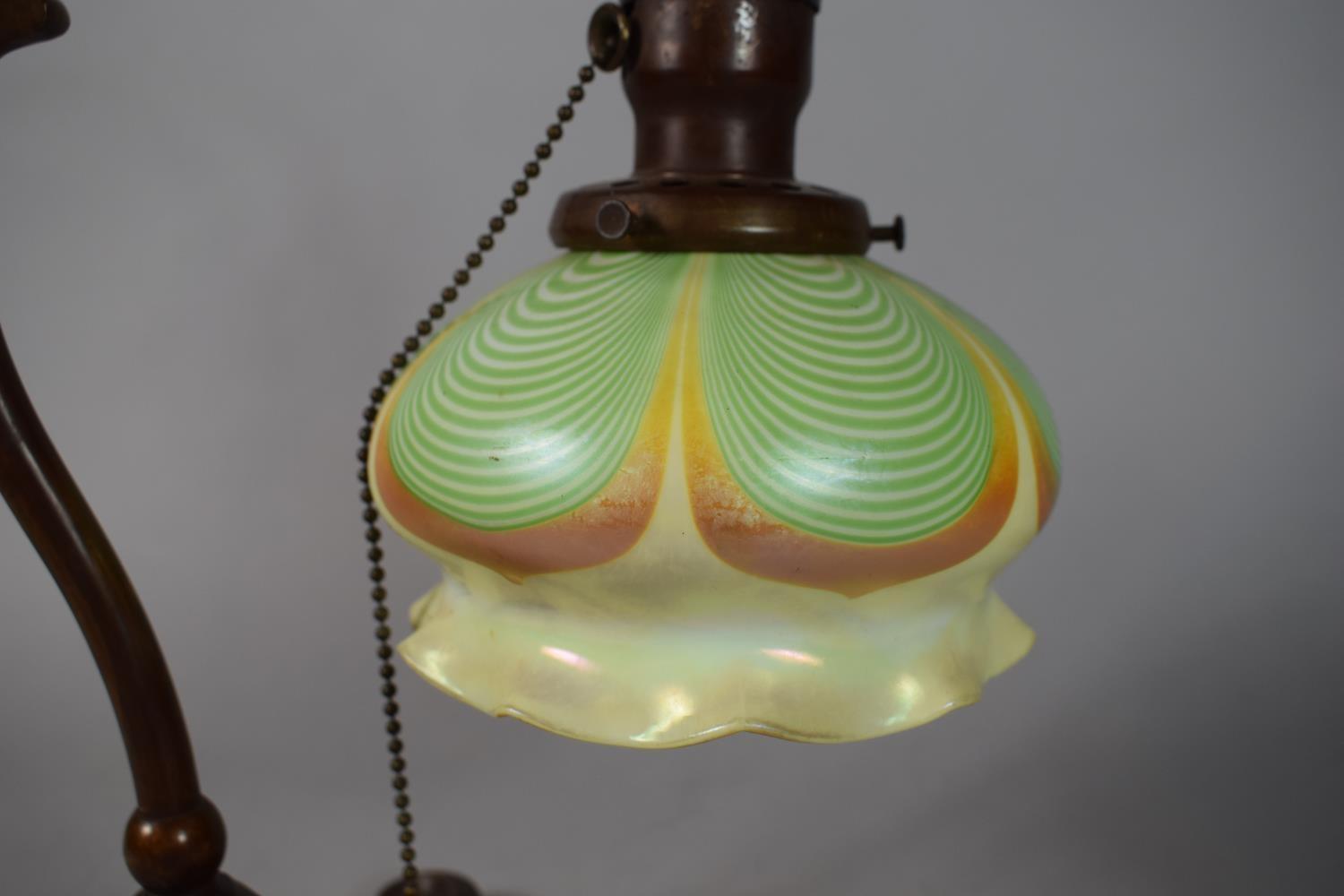 An Art Nouveau Bradley Hubbard Bronze Table Lamp with a Steuben Glass Shade Having Green Drape - Image 2 of 3