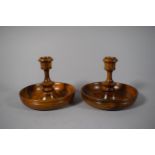 A Pair of Olive Wood Brighton Bun Travelling Candlesticks, 12cms Diameter