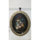 A Gilt Framed Oval Oil on Board, Still Life Vase of Flowers, 50cm high