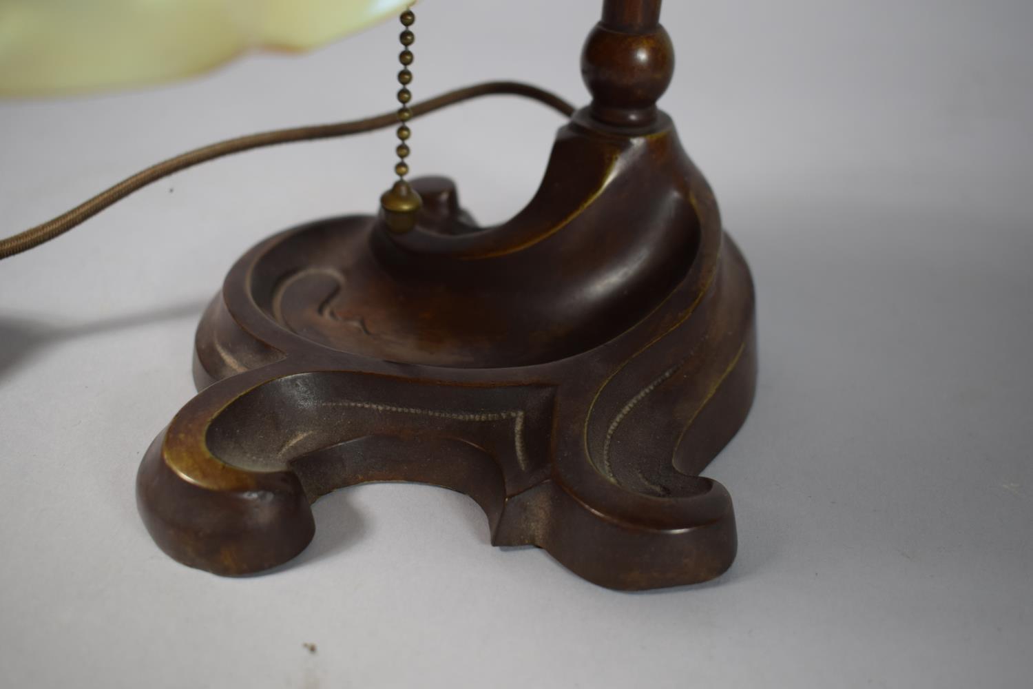 An Art Nouveau Bradley Hubbard Bronze Table Lamp with a Steuben Glass Shade Having Green Drape - Image 3 of 3
